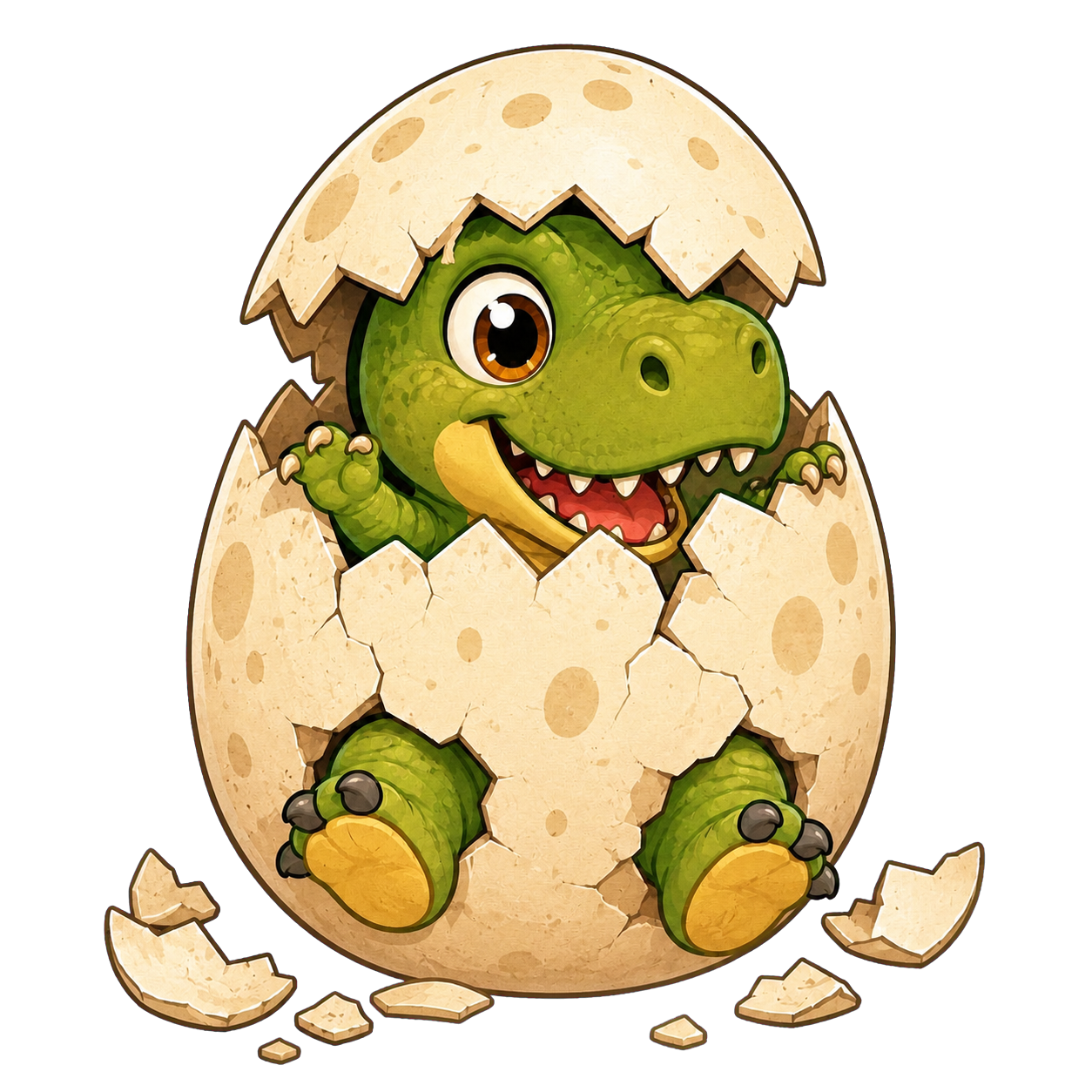 A happy baby T. rex breaking out of its egg